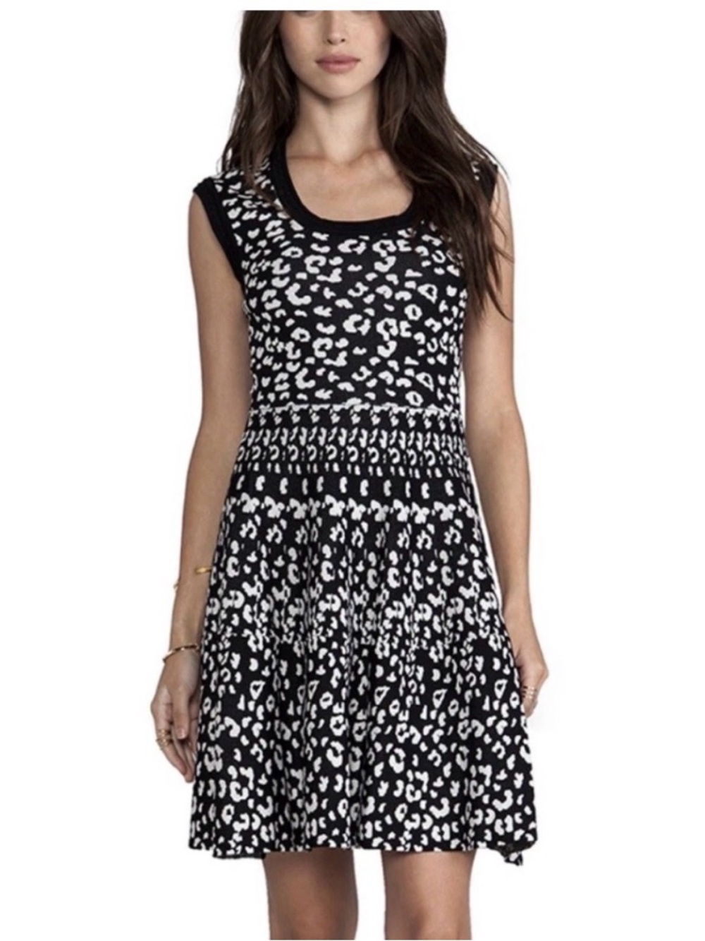 Rebecca Taylor Leopard Print Fit & Flare Dress Black White Sleeveless Size S